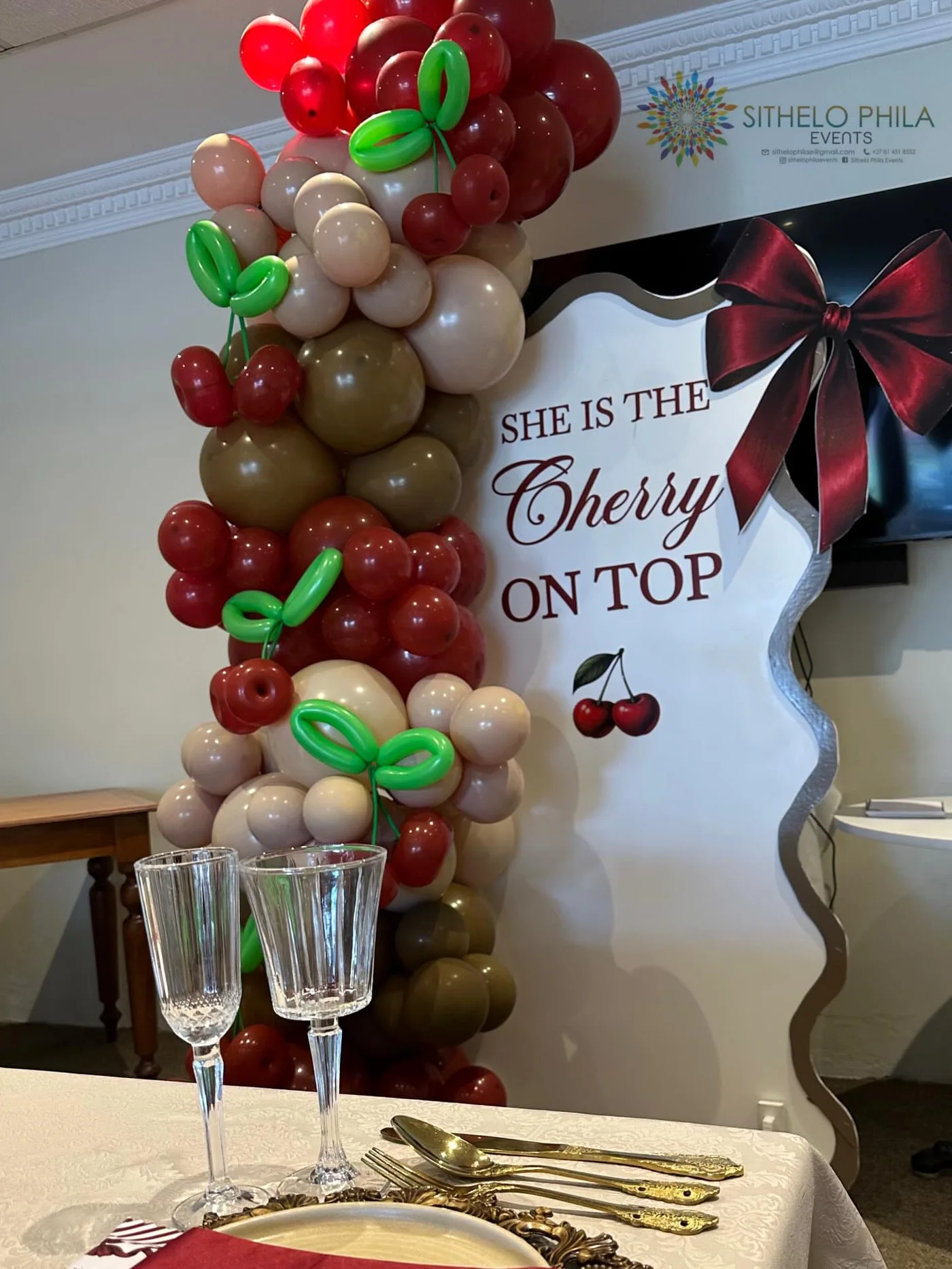 Cherry-themed baby shower styling at Redlands Hotel