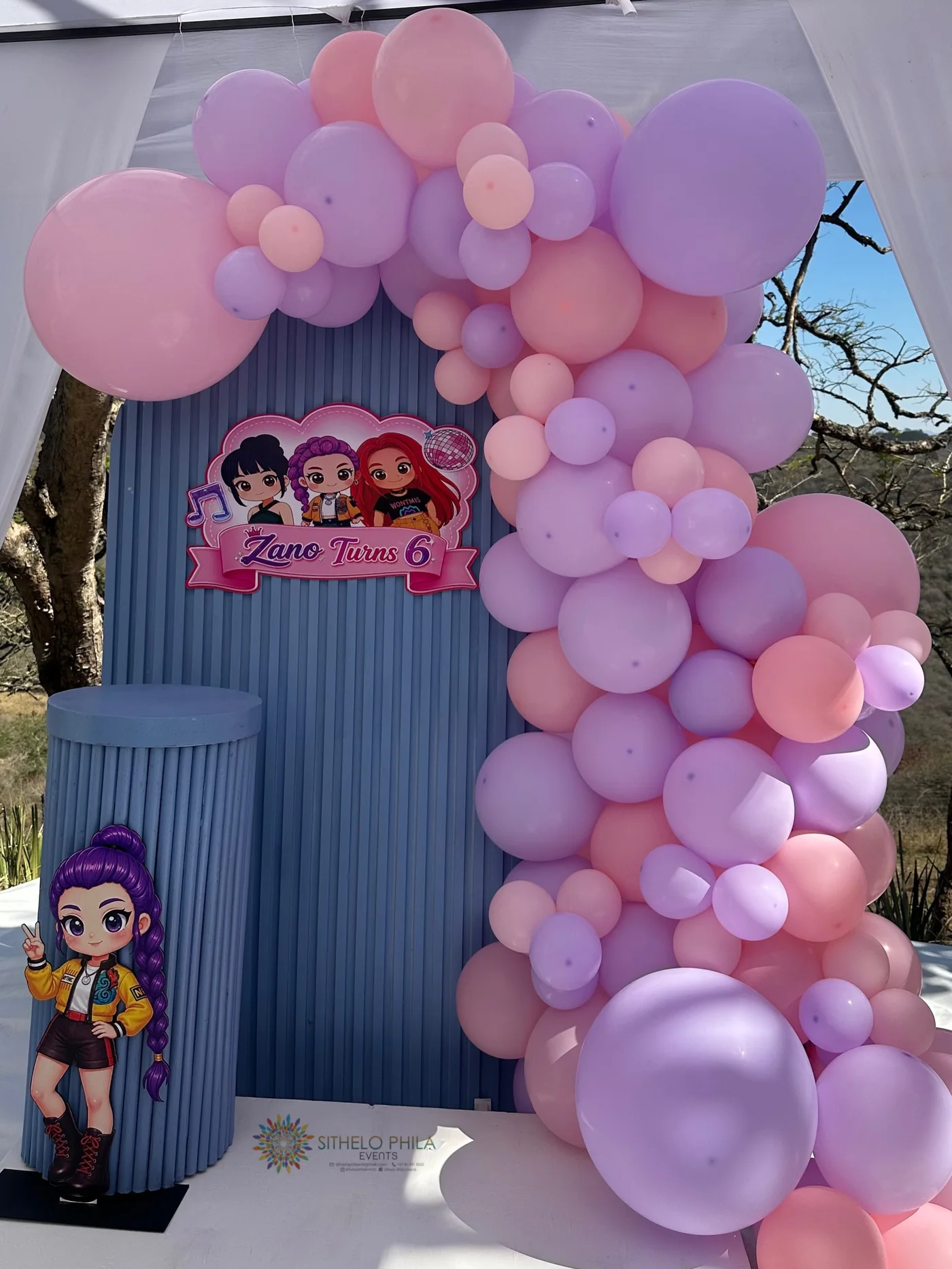 Zano turns 6 birthday balloon arch in pink and lilac